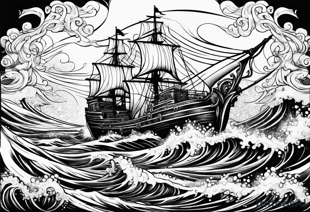 Ocean waves with anchor and octopus tentacles tattoo idea