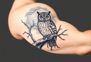 wise owl perched on ancient oak branch under starlit sky tattoo idea