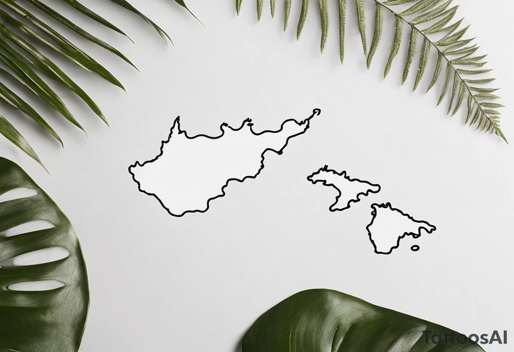 The outlines of the North and South Islands of New Zealand are clearly recognizable. A fine, dotted, or gently curved line represents the "Te Araroa" trail, winding through the islands. A small but delicate silver fern or wind grass or moutains or something else that reminds me of the beautiful nature of new zealand is integrated, possibly complementing the island contours tattoo idea
