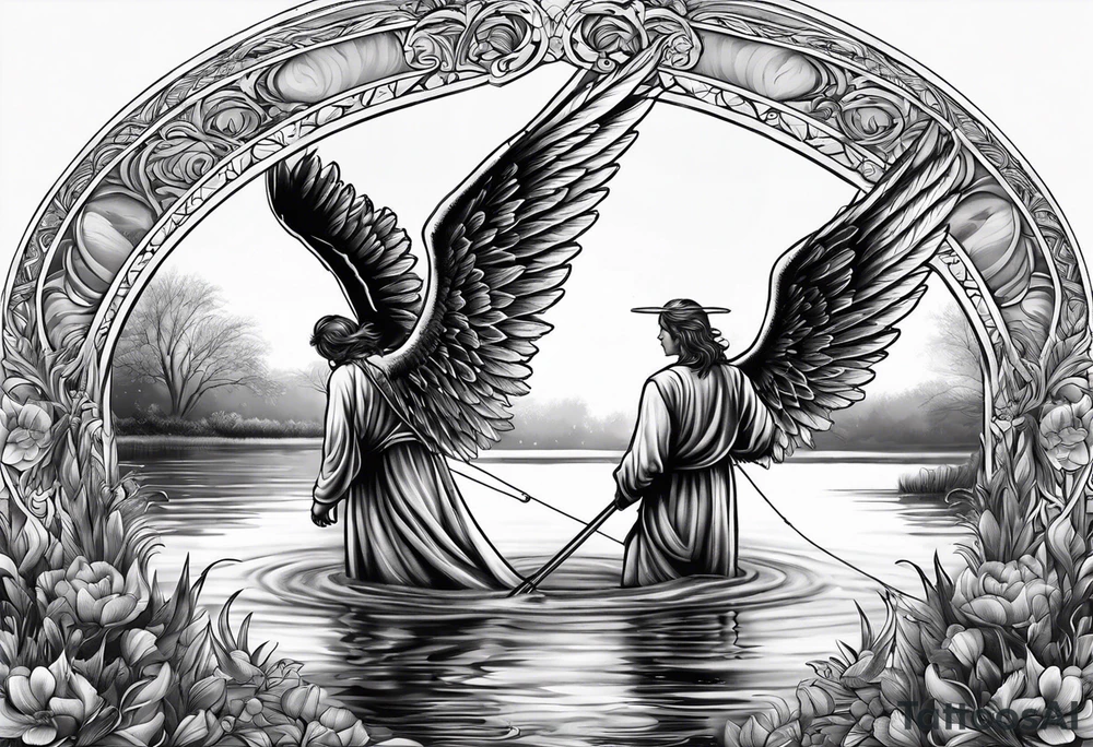 male angel with halo fishing in on a lake bank tattoo idea