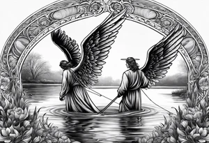 male angel with halo fishing in on a lake bank tattoo idea