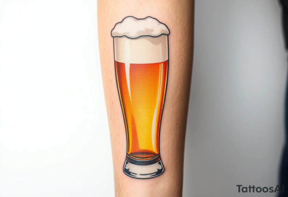 A tall, ice-cold pilsner glass with a thick white foam head, illuminated by warm amber and honey hues tattoo idea