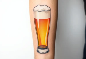 A tall, ice-cold pilsner glass with a thick white foam head, illuminated by warm amber and honey hues tattoo idea