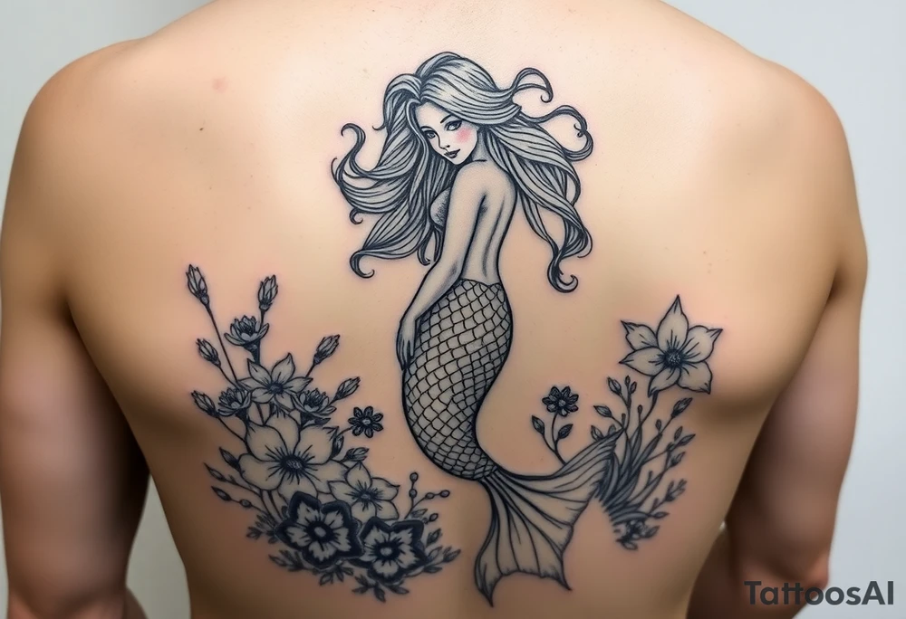 ethereal mermaid with flowing hair among coral and sea flowers, lower arm tattoo idea