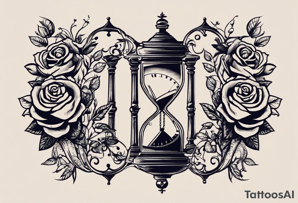 I want a tattoo-inspired design for a t-shirt that features a striking hourglass with a hand clock in the center, where the clock numbers are Amazigh numerals. The hourglass should have a bold, detailed look, with sharp lines and shading. Thorny roses should wrap tightly around the hourglass, with their vines and thorns creating a sense of depth and movement. Planets and stars should be incorporated in a way that they appear to orbit or emerge from behind the hourglass, giving the design a cosmic, timeless feel. The overall aesthetic should be bold and detailed, similar to blackwork tattoo designs, with a mix of natural and celestial elements."
black and whit design tattoo idea