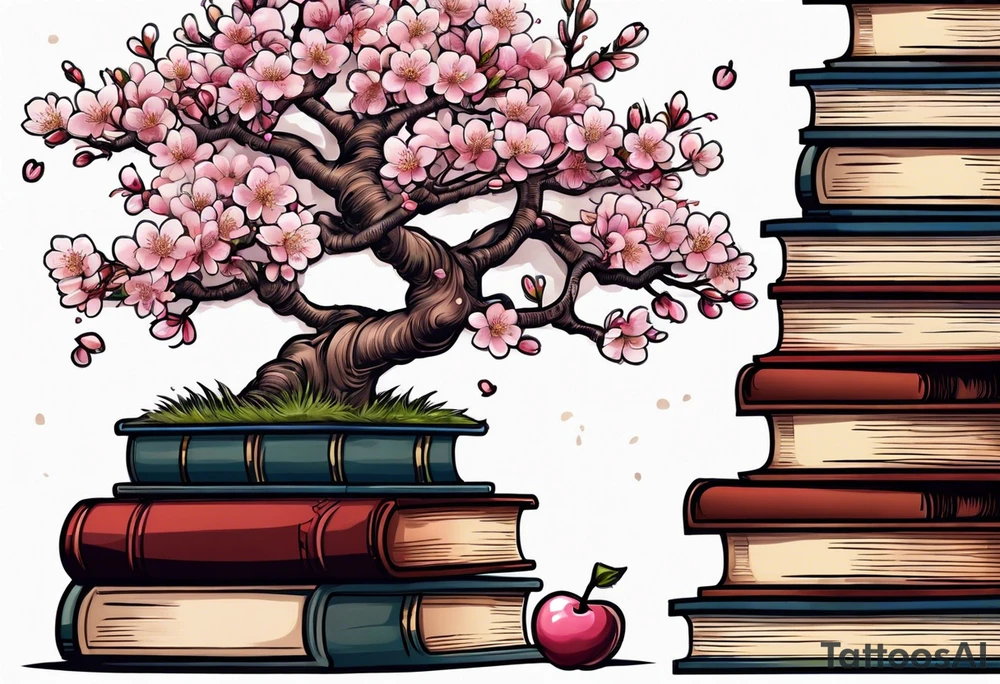 Cherry blossom tree growing out of a stack of books tattoo idea
