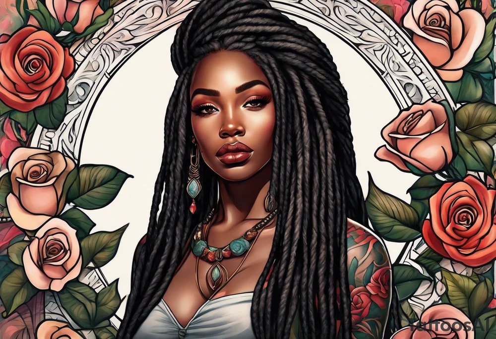 beautiful thick black women with long straight dreadlocks, holding a beautiful single rose,, pastel, old school traditional style, ethereal tattoo idea