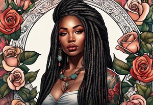 beautiful thick black women with long straight dreadlocks, holding a beautiful single rose,, pastel, old school traditional style, ethereal tattoo idea