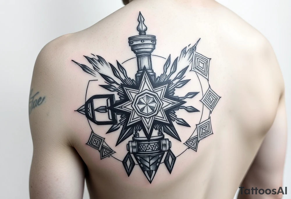 Geometric industrial design, central piston actively compressing carbon into diamond crystal, fuel injection creating controlled explosion patterns, geometric sacred patterns forming from the pressure waves, alchemical transformation symbols worked into the mechanical framework, active motion suggested through line work, upper arm placement, black work with detailed shading tattoo idea