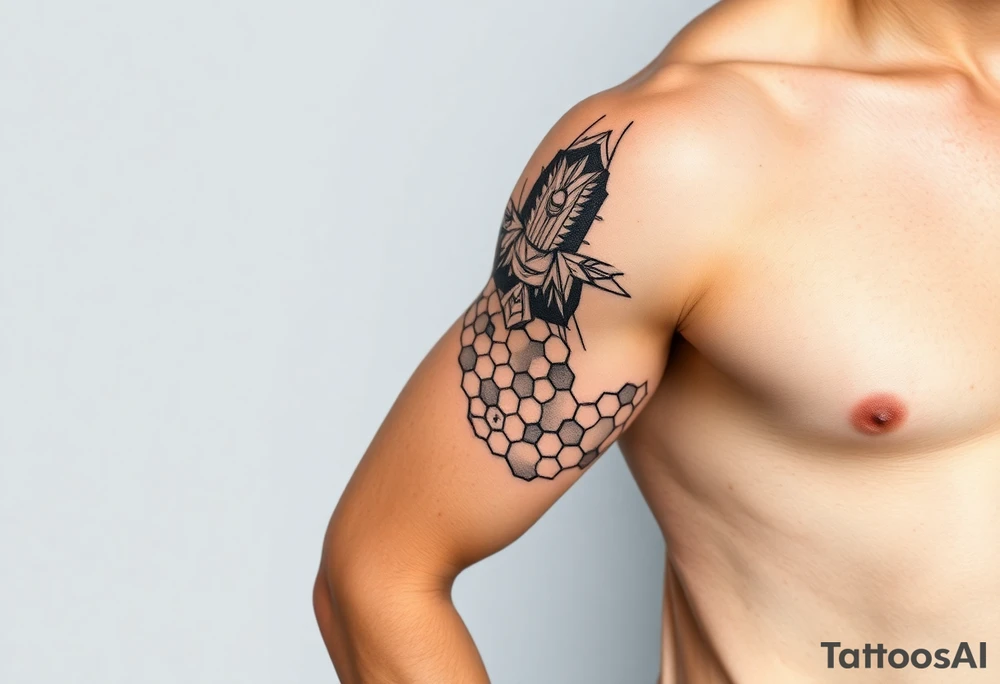 design a full “sleeve” tattoo that consists of a base layer of abstract hexagon pattern overlaid with a little blackwork abstract while incorporating the top tattoo and integrating slight biomech designs tattoo idea