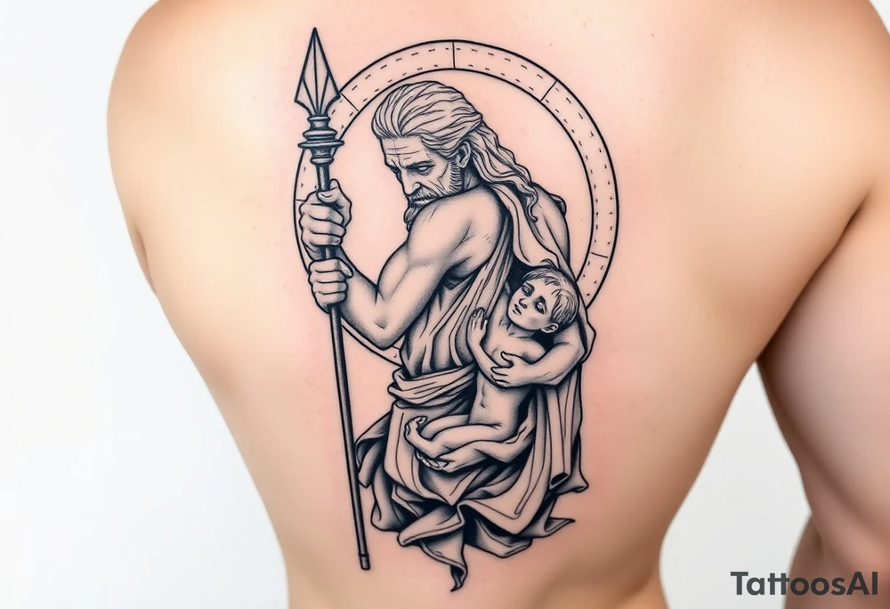 a tattoo design of the Greek God Saturn but older and nearly dying holding his spear looking down using the spear to keep himself upright, in his other arms cradling a twin dying younger version of himself. The gemini constellation is in the background behind the Saturn Gods. Long vertical form as this will be on a thigh - include the planet Saturn rings going round the design tattoo idea