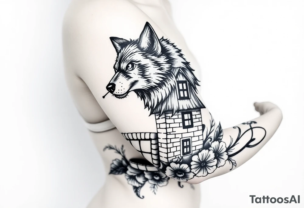 Big bad wolf  blowing down   a brick house tattoo idea