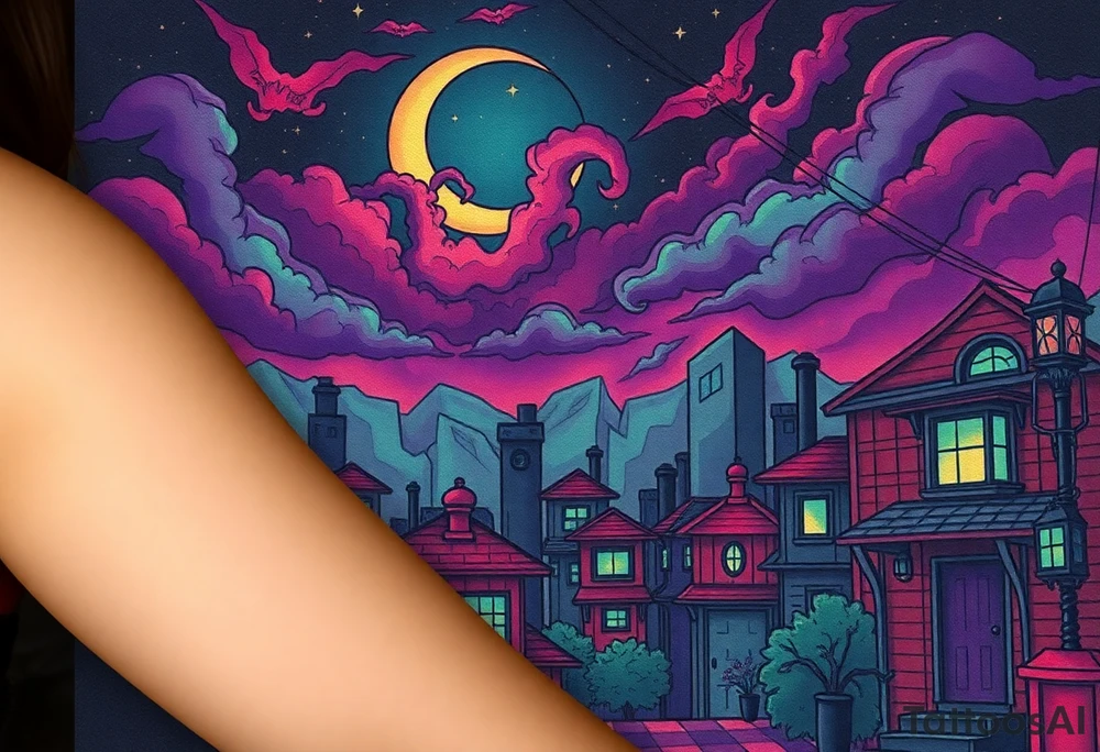 Tim Burton’s haunted pastel Tokyo apartment and dripping with muted reds, dusty pinks, and eerie green glow.purple and cyan smokey clouds swirl in the crescent moonlit sky thats sprinkled with stars tattoo idea tattoo idea