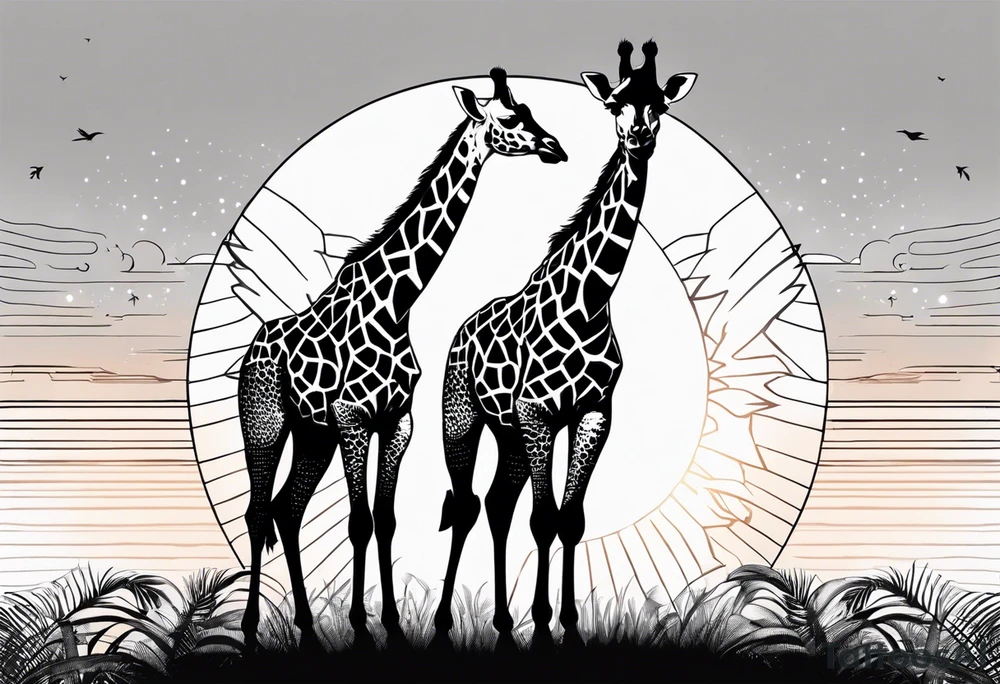 Two young giraffes standing in front of a sunset with one having angel wings tattoo idea