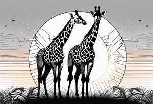 Two young giraffes standing in front of a sunset with one having angel wings tattoo idea