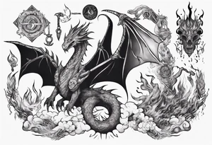 a sward with a wyvern wrapped upon its top with fire and mystical items all around tattoo idea