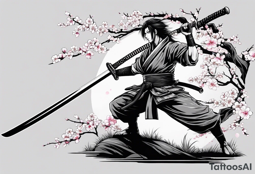 a katana with a sakura tree behind it and written on the blade of the sword it says Non ducor, duco tattoo idea