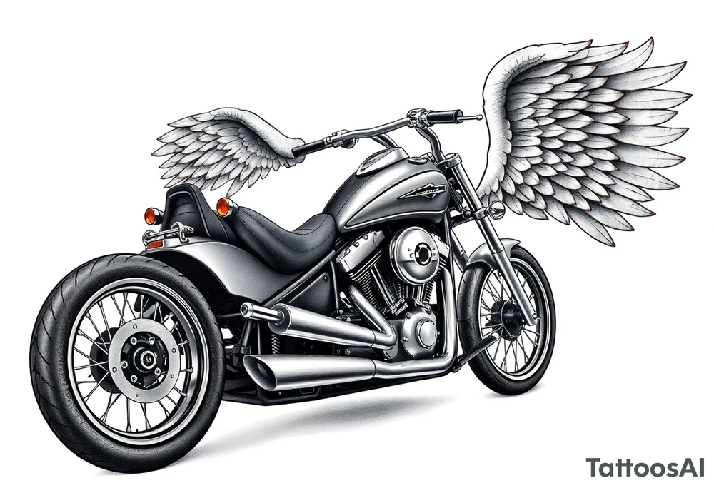 Low rider grey motorcycle, big muffler pipes with flames, angel wings, driving away, no person tattoo idea