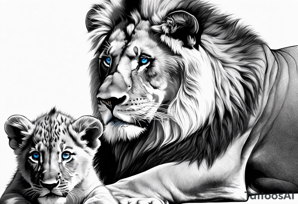Male father lion with blue eyes. Two male cub lions one with blue eyes and the other brown. Father lion protecting cub lions. tattoo idea