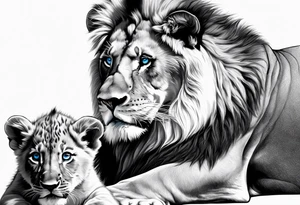 Male father lion with blue eyes. Two male cub lions one with blue eyes and the other brown. Father lion protecting cub lions. tattoo idea