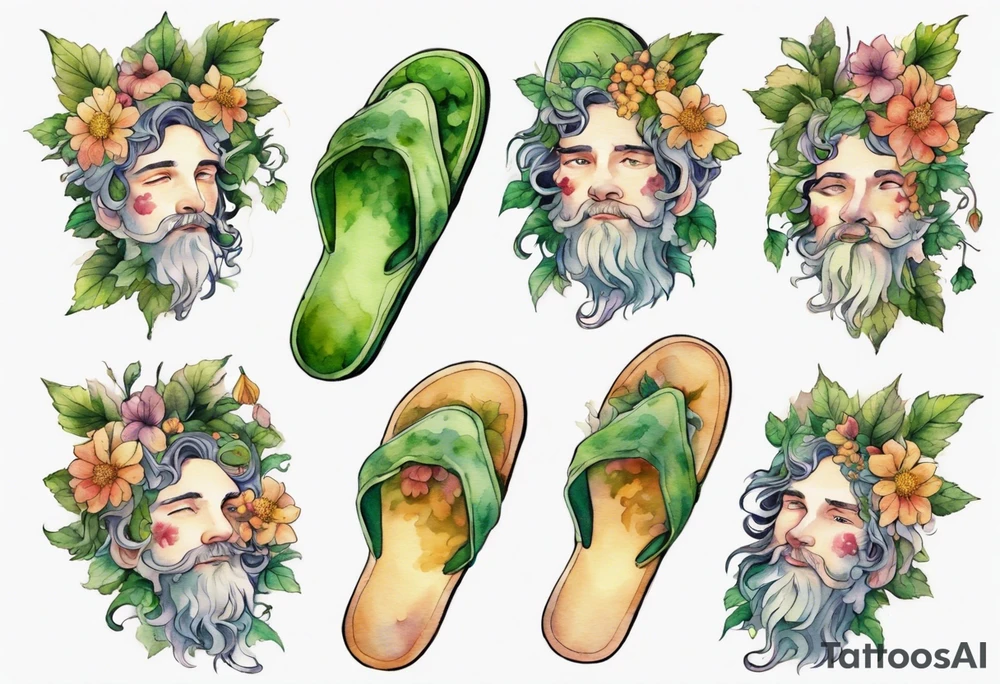 Dionysus covered in flowers and leaves wearing mossy slippers tattoo idea