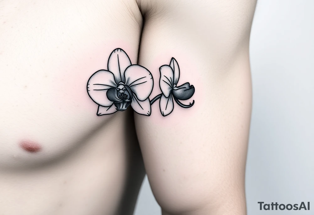 A delicate, black and white fine-line tattoo for make, featuring a gracefully detailed orchid stem with two flowers in full bloom, with soft, intricate petals and elegant curves tattoo idea