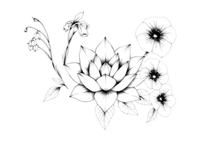 Geometric lotus surrounded by Lilly of the valley on left side iris above and morning glory flowers to the right. tattoo idea