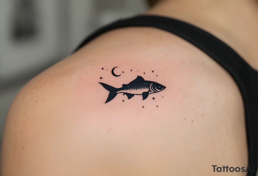 Night Catfish Silhouette – A quiet and mysterious tattoo featuring a black silhouette of a catfish under a crescent moon, with stars reflected in a rippling water surface. tattoo idea