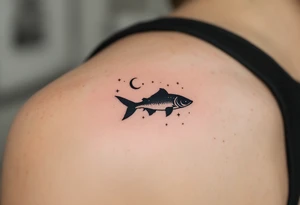 Night Catfish Silhouette – A quiet and mysterious tattoo featuring a black silhouette of a catfish under a crescent moon, with stars reflected in a rippling water surface. tattoo idea