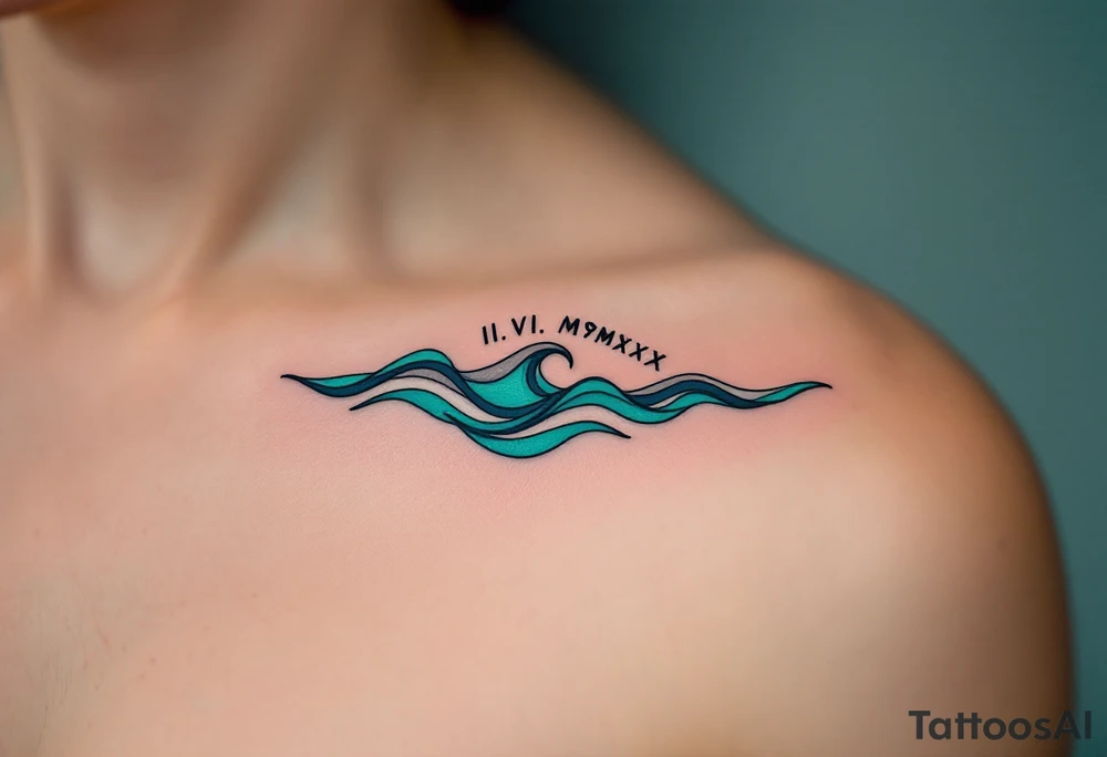 Fine-line II.VI.MMXX in dark ink on the inner bicep, with stylized waves in desaturated teal flowing beneath. tattoo idea