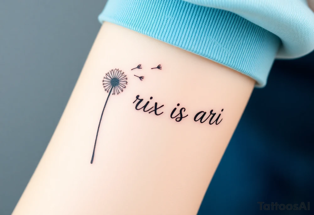 This image features a delicate dandelion tattoo on a person’s skin, with fine lines and soft shading. The dandelion’s stem extends from the bottom left corner, leading to the detailed flower head, which appears to be dispersing its seeds. The seeds are shown floating away in a natural, wind-swept motion, symbolizing freedom, change, and new beginnings.

The tattoo has a subtle watercolor effect with a gentle pinkish hue around the base of the dandelion, adding depth and softness to the design. The fine-line work gives it a refined and elegant look. The placement on the body makes it a visually appealing and meaningful piece.  Rix Rys Ari realistic drawing tattoo idea