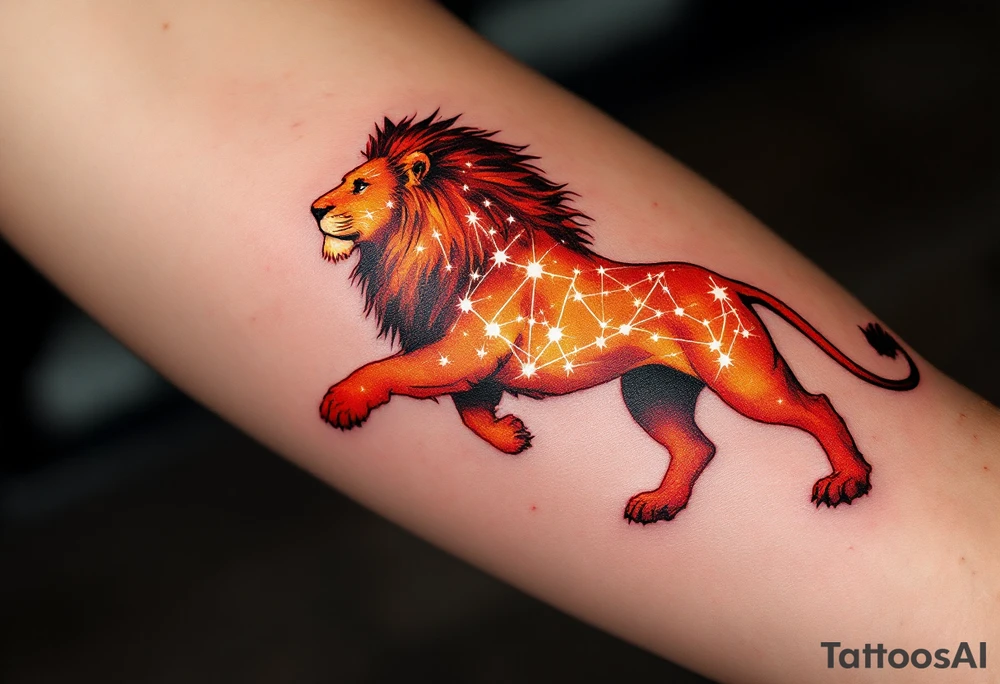 The lion’s silhouette is painted in fiery reds and oranges, with the vivid Leo star constellation mapped across its chest in white. tattoo idea