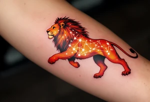The lion’s silhouette is painted in fiery reds and oranges, with the vivid Leo star constellation mapped across its chest in white. tattoo idea