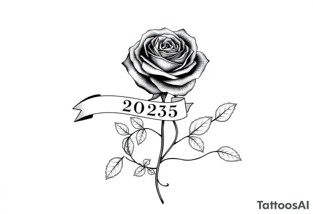 two beautiful large rose buds, one larger than the other, with many leaves next to the rose buds, with one sitting higher than the other. Include a banner connecting the two roses with the year "2025" on it.   Use dark outlines with little shading. The two stems should be short, not long, and connect and join into one stem, whimsically curved or twisted - not straight down. tattoo idea