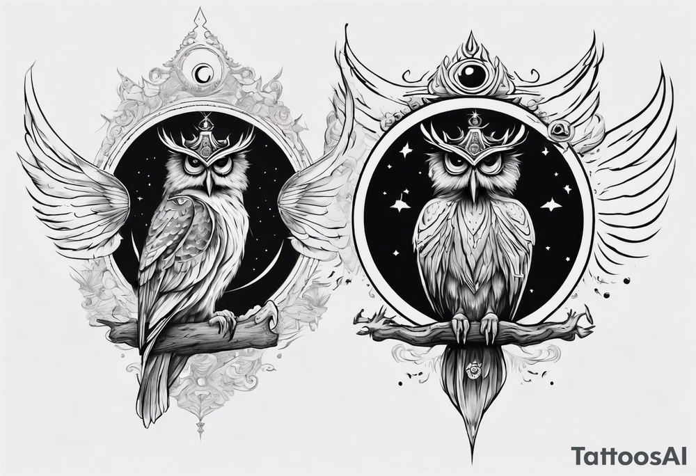 Wise Crowned Owl with the third eye flying towards the Dark Moon. tattoo idea