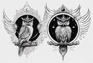 Wise Crowned Owl with the third eye flying towards the Dark Moon. tattoo idea