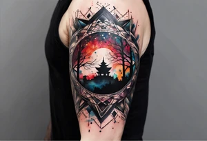 large forearm tattoo with lines, splatters, circles.  more negative space tattoo idea
