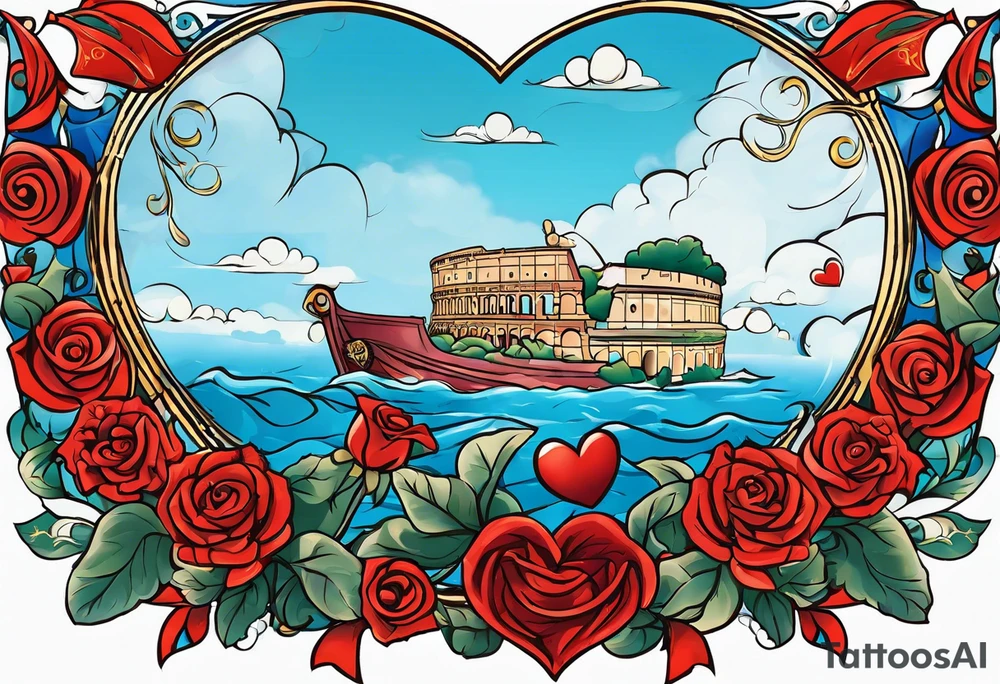 Cupio fly boy wings and a bow,, bacground sea ancient rome gods , blue roses frames, red heart bow tattoo idea