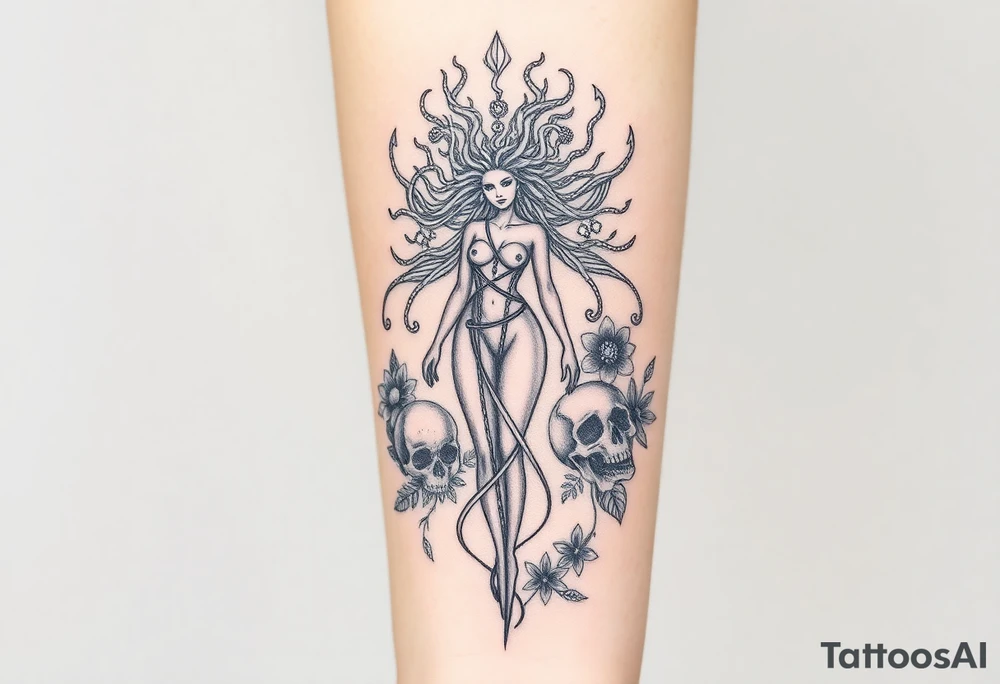 Ethereal Medusa standing. She is beautiful and feminine. She is a phoenix rising from fire and ash. Surrounded by flowers and skulls tattoo idea
