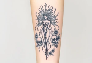 Ethereal Medusa standing. She is beautiful and feminine. She is a phoenix rising from fire and ash. Surrounded by flowers and skulls tattoo idea