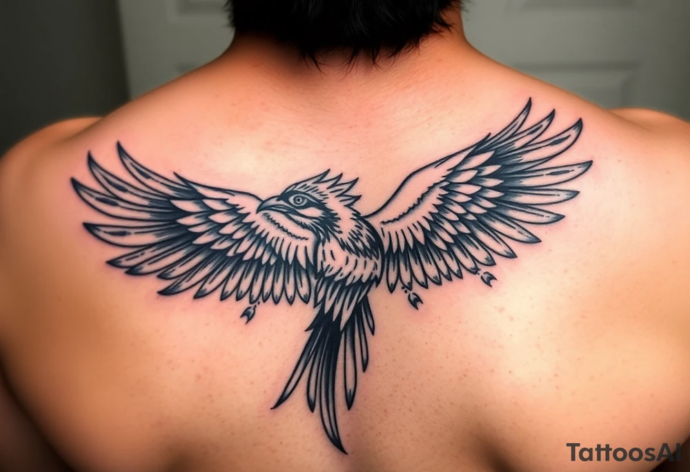 powerful majestic colorful quetzal bird with long feathers and mayan tribal signs tattoo idea