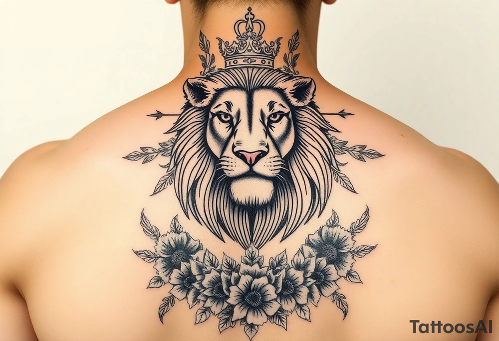 powerful majestic lion with a crown, surrounded by floral ornaments and birds tattoo idea