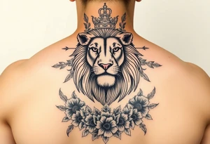 powerful majestic lion with a crown, surrounded by floral ornaments and birds tattoo idea