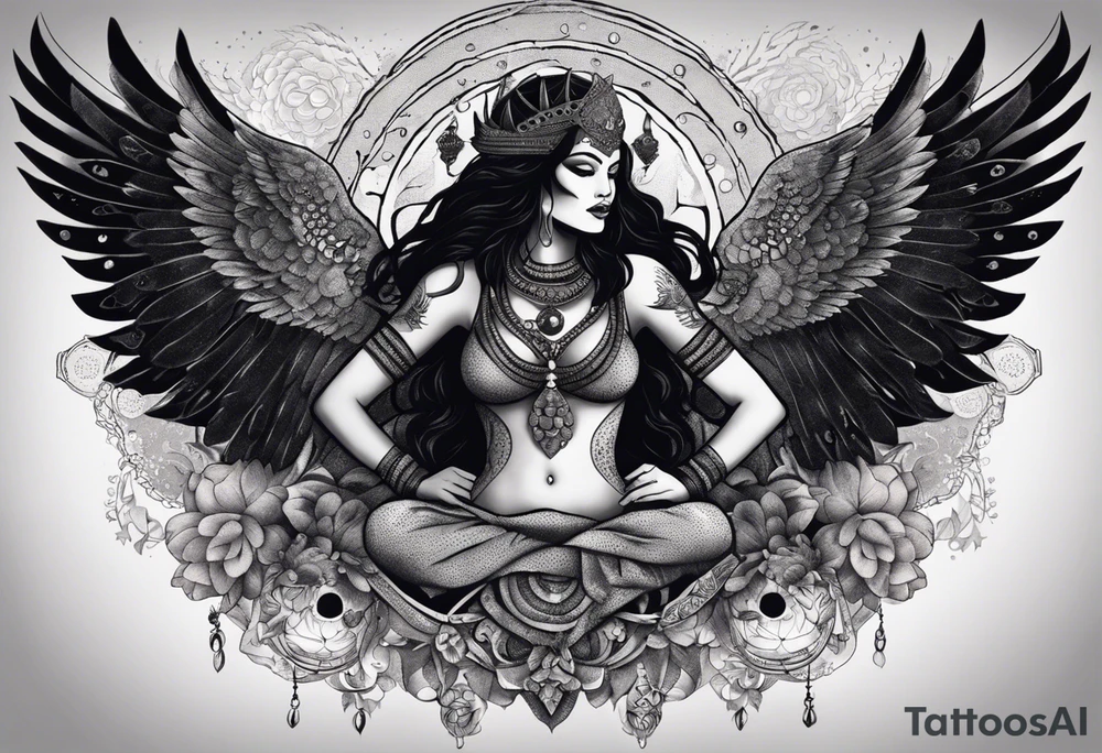 black kali, goddess pirate, alien, angel, pachamama, valkrye, warrior, flying, skull, lotus azul, wing, eagle, zenza resonance, stars, 5D, anahata chakra, death, durga, riding on a tiger, flying lady, kundalini, chest tatoo, samuri, rebel,serpent tattoo idea