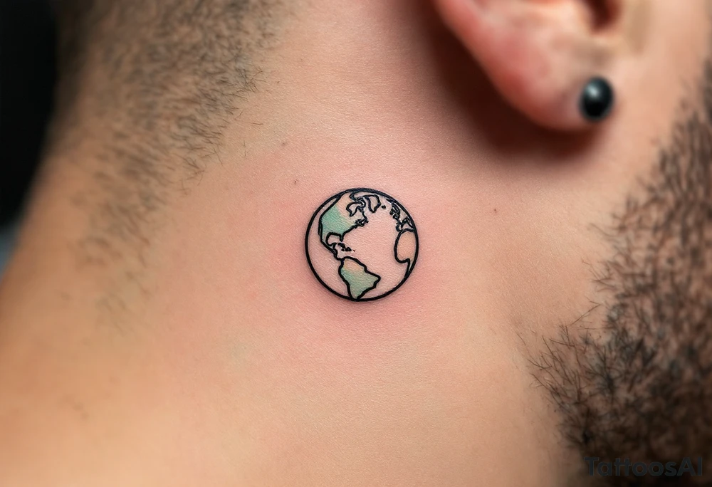 A small, minimalist Earth outlined in black with a hint of aqua and lime shading sits behind the ear. tattoo idea