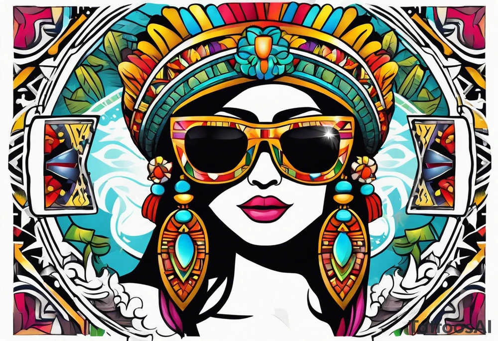 Colorful Mayan theme sunglasses tattoo idea