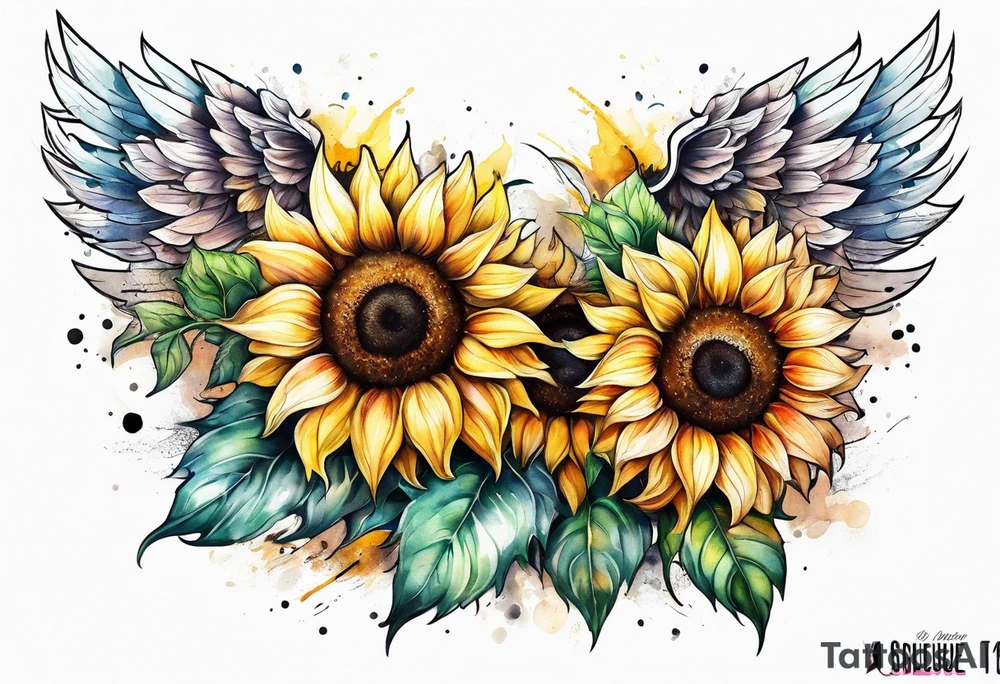 Sunflowers and angel wings leg sleeve tattoo idea