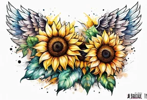 Sunflowers and angel wings leg sleeve tattoo idea