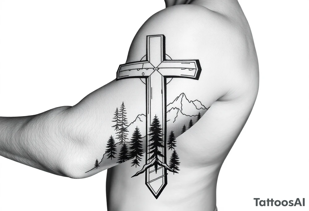 russian orthodox cross with the diagonal line at the bottom with a light forrest with a light mountainous setting tattoo idea