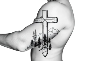 russian orthodox cross with the diagonal line at the bottom with a light forrest with a light mountainous setting tattoo idea